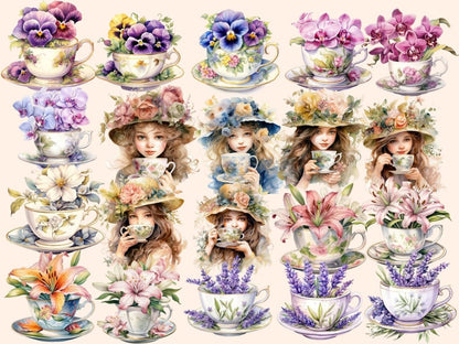 Floral Tea Watercolor Clipart cottagecore clipart - Wonders Artist