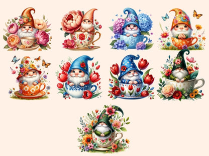 Floral Teacup Gnomes Clipart Cute gnome art - Wonders Artist