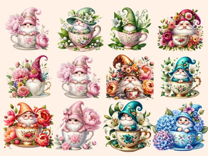 Floral Teacup Gnomes Clipart Cute gnome art - Wonders Artist