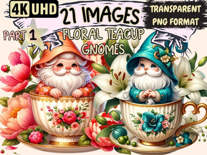 Floral Teacup Gnomes Clipart Cute gnome art - Wonders Artist