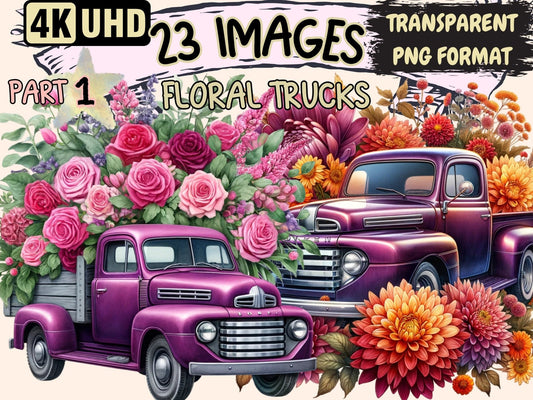 Floral Trucks Clipart - High - Quality Instant Digital Download for Creative Projects