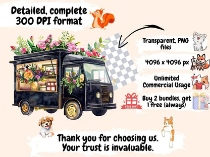 Floral Trucks Watercolor Clipart - High - Quality Instant Digital Download for Creative Projects