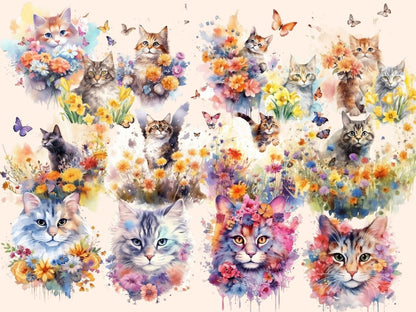 Flower Cats Watercolor Clipart botanical clipart - Wonders Artist