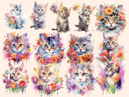 Flower Cats Watercolor Clipart botanical clipart - Wonders Artist