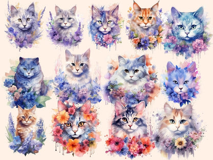 Flower Cats Watercolor Clipart botanical clipart - Wonders Artist