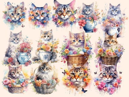 Flower Cats Watercolor Clipart botanical clipart - Wonders Artist