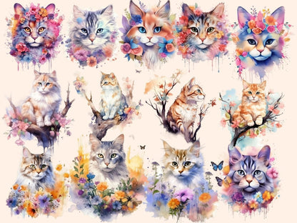 Flower Cats Watercolor Clipart botanical clipart - Wonders Artist