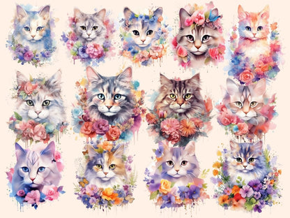 Flower Cats Watercolor Clipart botanical clipart - Wonders Artist