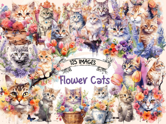 Flower Cats Watercolor Clipart - High - Quality Instant Digital Download for Creative Projects