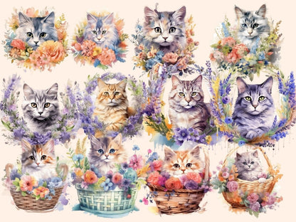 Flower Cats Watercolor Clipart botanical clipart - Wonders Artist