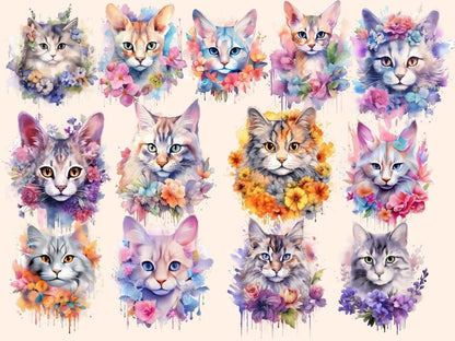 Flower Cats Watercolor Clipart botanical clipart - Wonders Artist