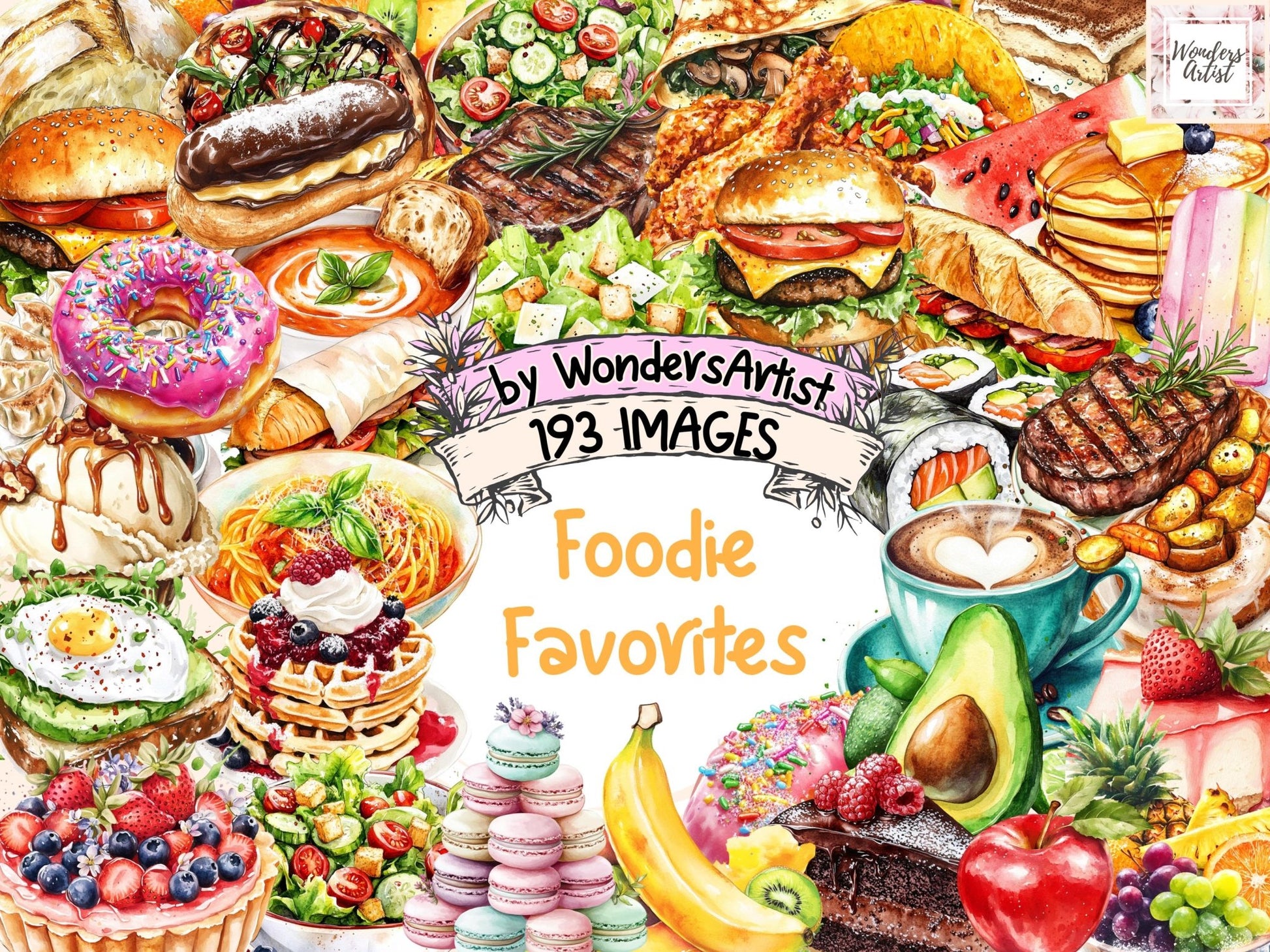 Foodie Favorites Watercolor Clipart - High - Quality Instant Digital Download for Creative Projects