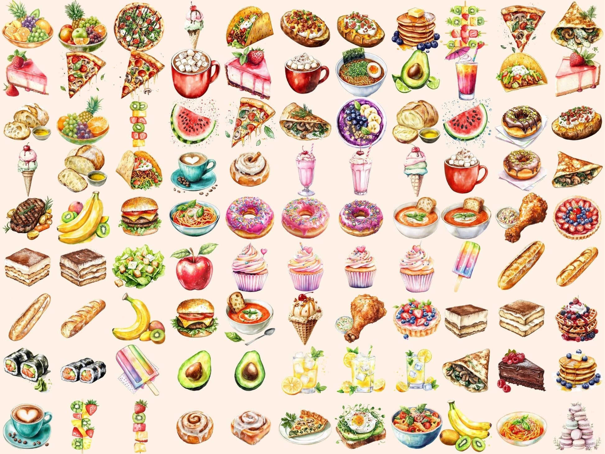 Foodie Favorites Watercolor Clipart - High - Quality Instant Digital Download for Creative Projects