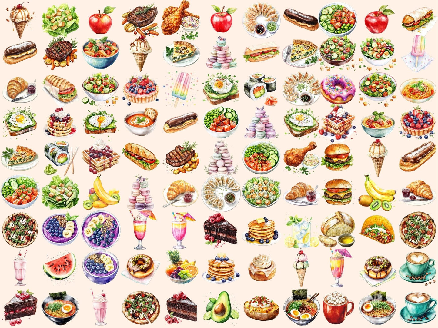 Foodie Favorites Watercolor Clipart - High - Quality Instant Digital Download for Creative Projects