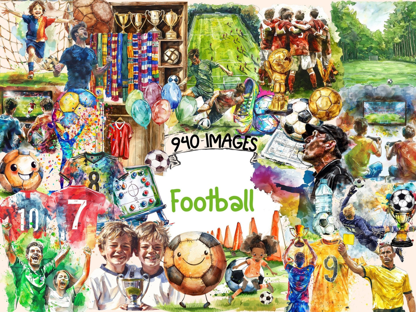 Football Watercolor Clipart - High - Quality Instant Digital Download for Creative Projects