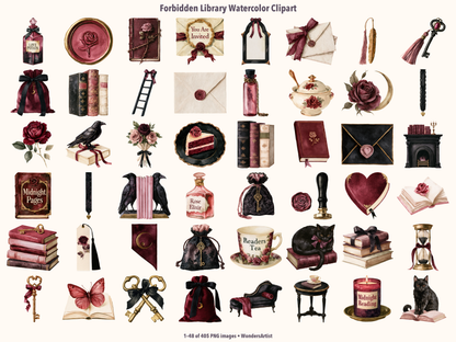 Forbidden Library Watercolor Clipart — preview grid 1