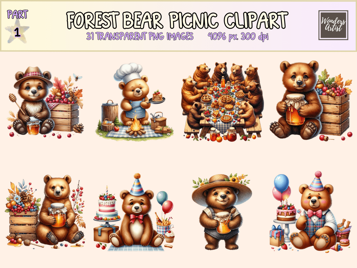 Forest Bear Picnic Clipart All Bundles Clipart Line Art - WondersArtist