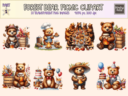 Forest Bear Picnic Clipart All Bundles Clipart Line Art - WondersArtist