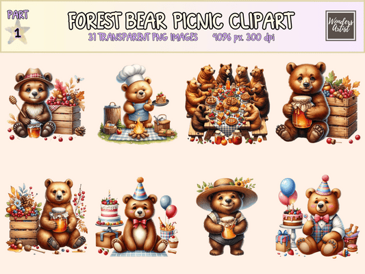 Forest Bear Picnic Clipart All Bundles Clipart Line Art - WondersArtist