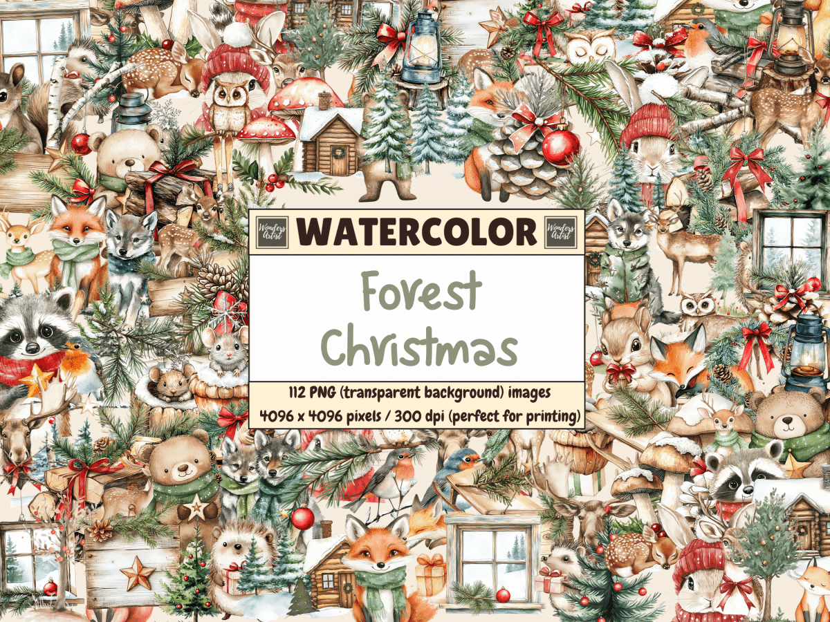 Forest Christmas Watercolor Clipart All Bundles Clipart Line Art - WondersArtist