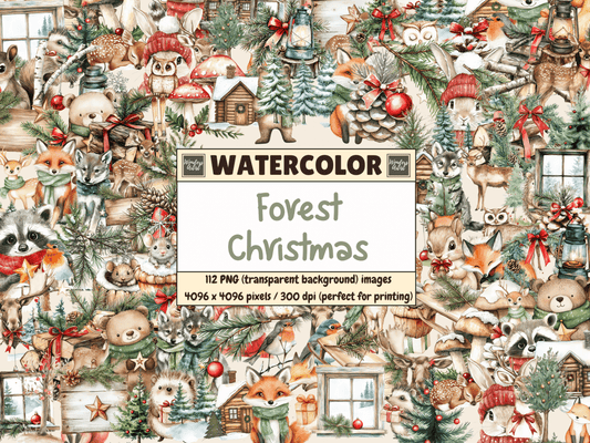 Forest Christmas Watercolor Clipart All Bundles Clipart Line Art - WondersArtist
