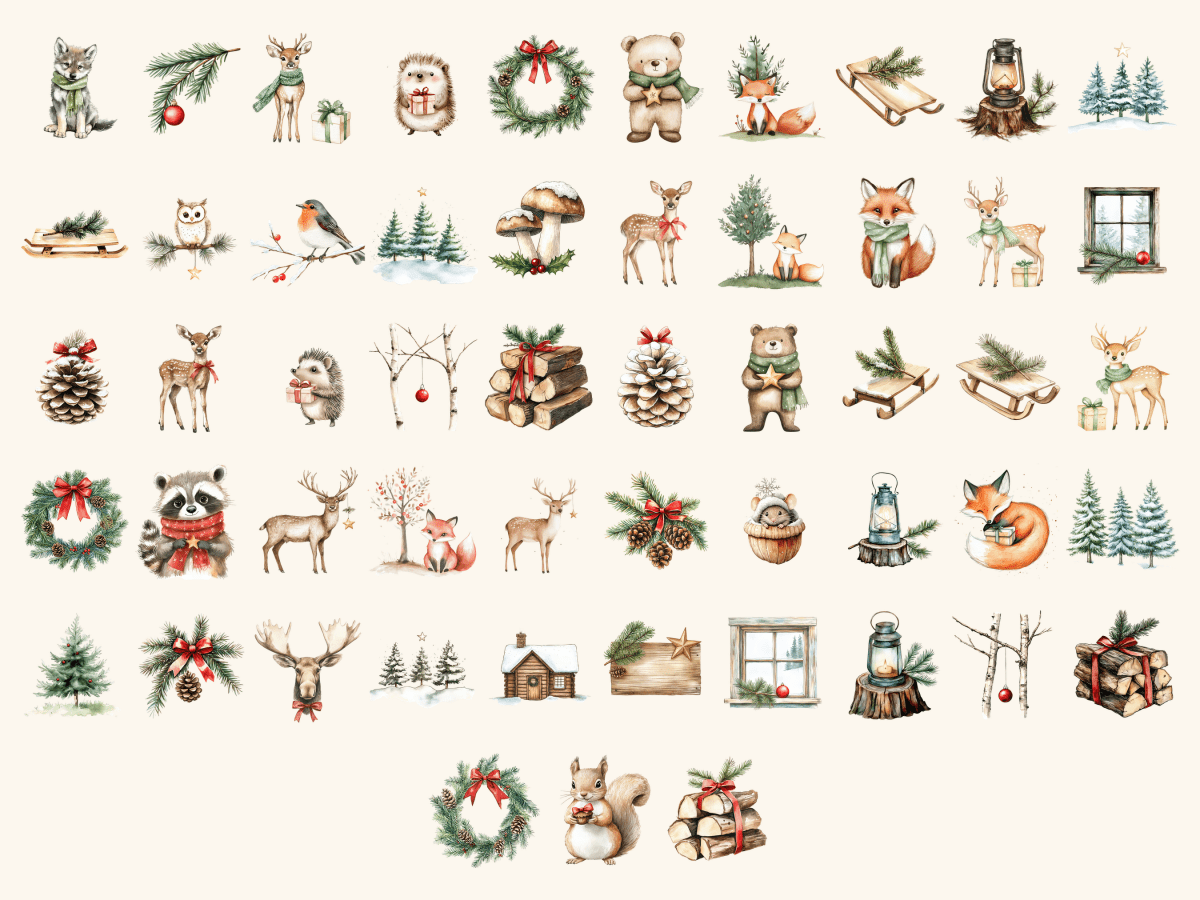 Forest Christmas Watercolor Clipart All Bundles Clipart Line Art - WondersArtist