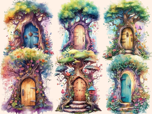 Uși de Zână din Pădure Clipart Acuarelă