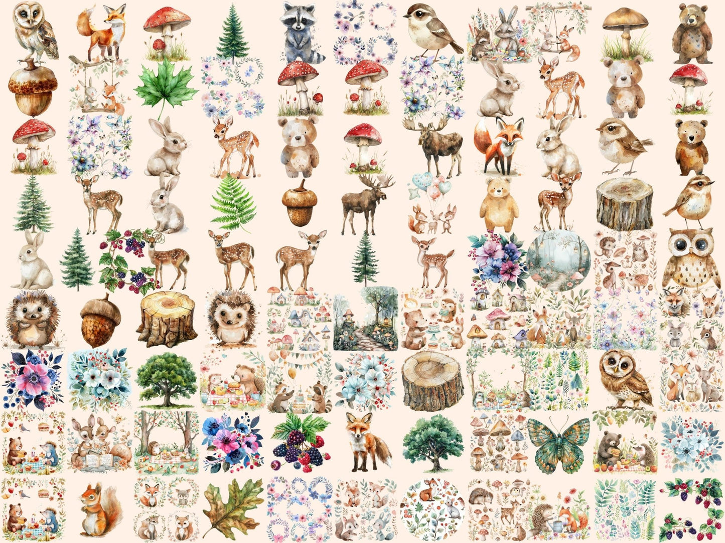 Forest Friends Watercolor Clipart - High - Quality Instant Digital Download for Creative Projects