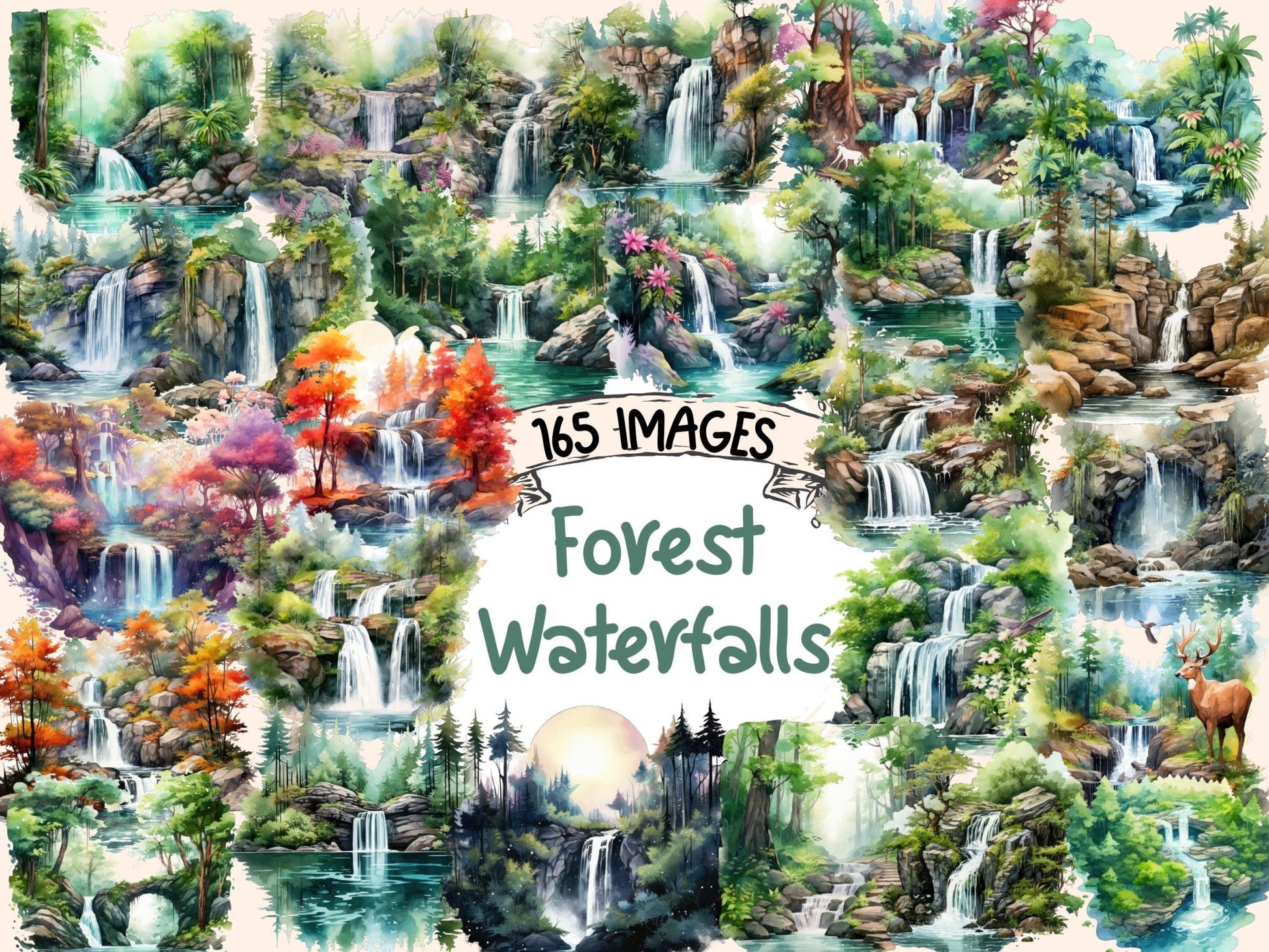 Forest Waterfalls Watercolor Clipart - High - Quality Instant Digital Download for Creative Projects