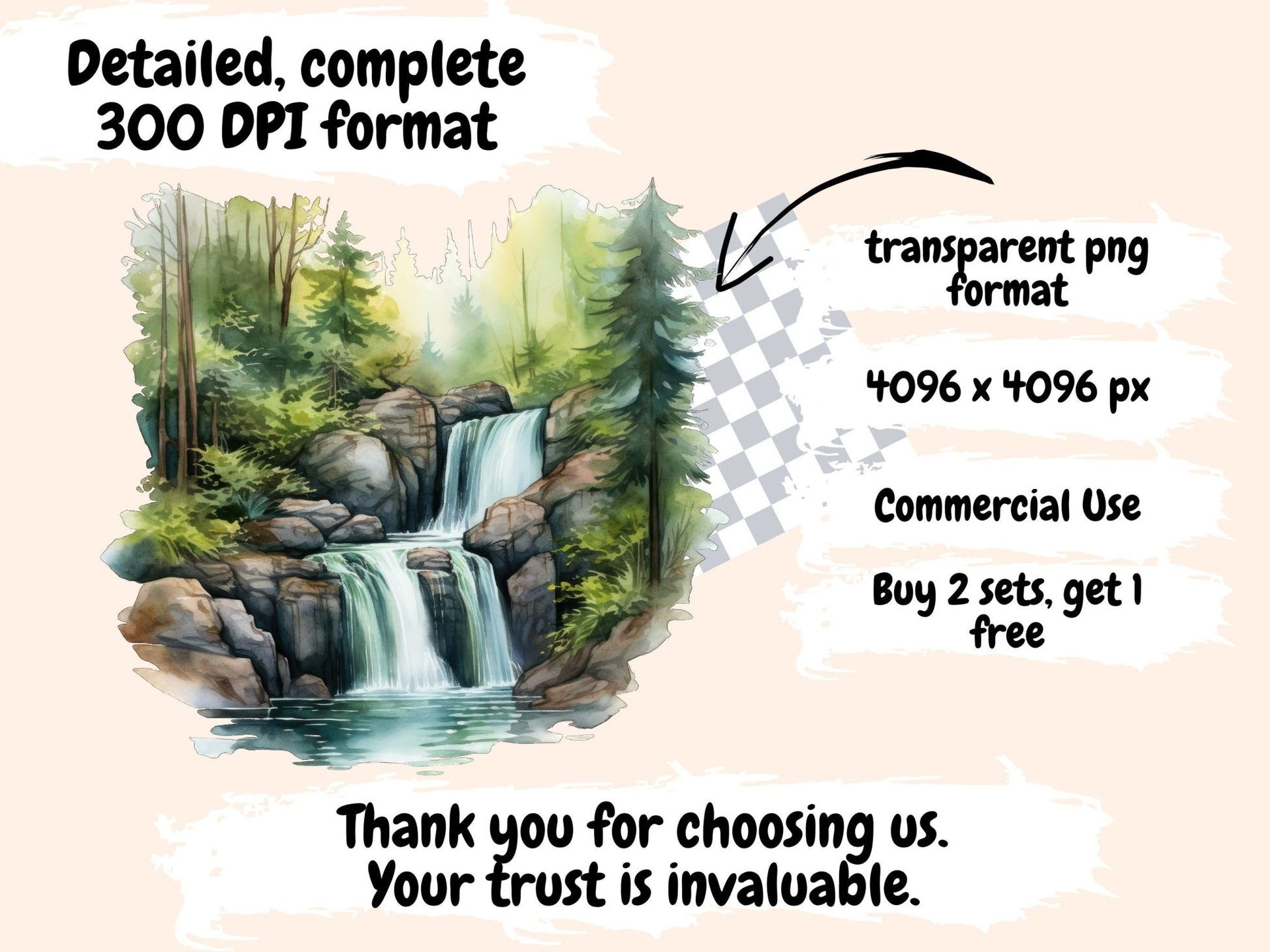 Forest Waterfalls Watercolor Clipart - High - Quality Instant Digital Download for Creative Projects