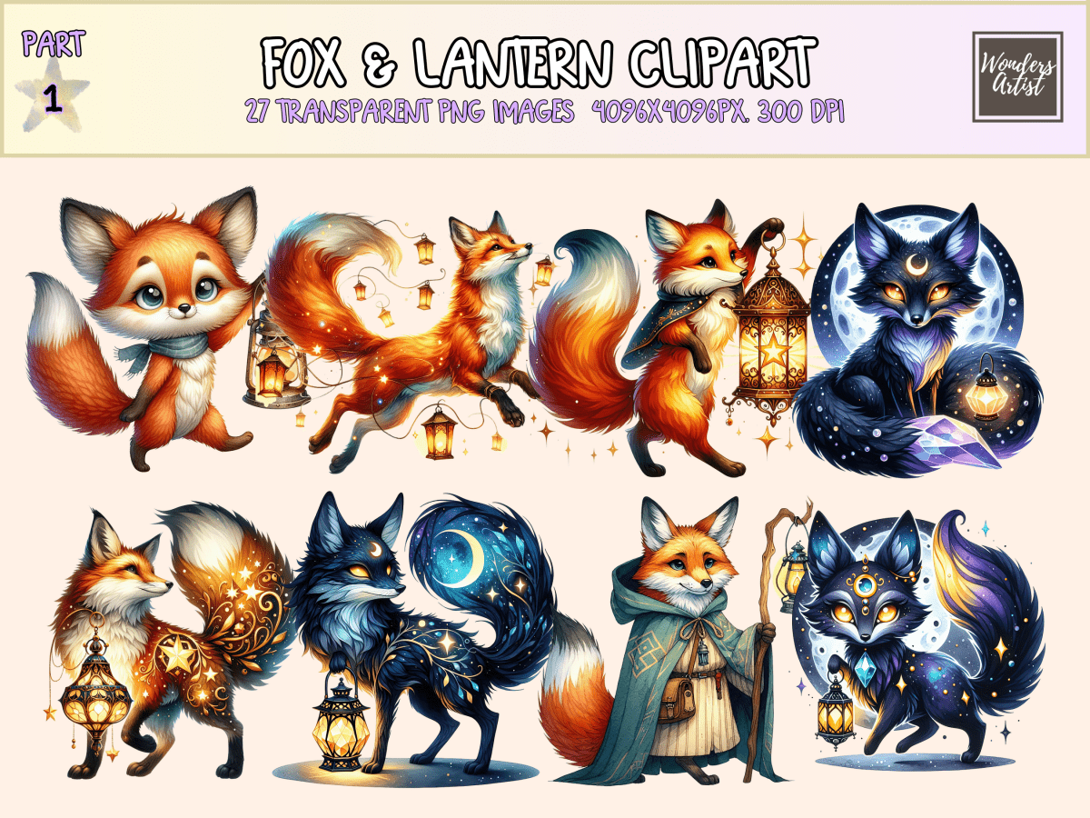 Fox & Lantern Clipart All Bundles Clipart Line Art - WondersArtist