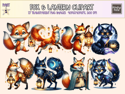 Fox & Lantern Clipart All Bundles Clipart Line Art - WondersArtist