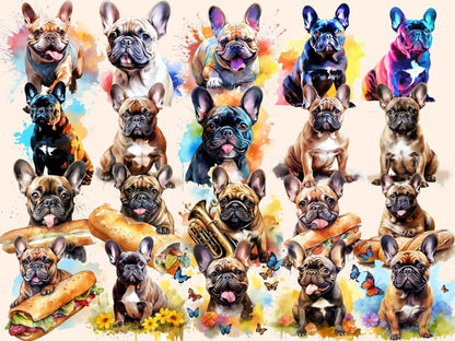 French Bulldogs Watercolor Clipart - High - Quality Instant Digital Download for Creative Projects