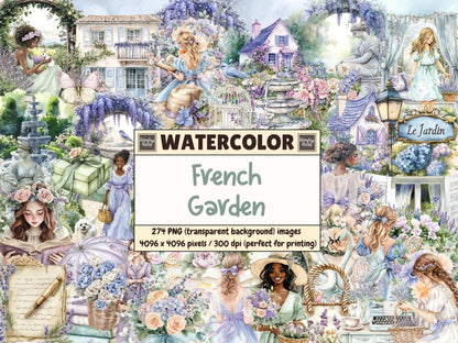 French Garden Watercolor Clipart blooming garden art botanical clipart countryside clipart - WondersArtist