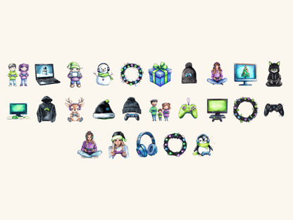 Gamer Christmas Watercolor Clipart All Bundles Clipart Line Art - WondersArtist