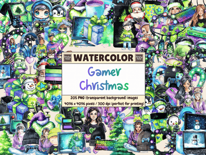 Gamer Christmas Watercolor Clipart All Bundles Clipart Line Art - WondersArtist