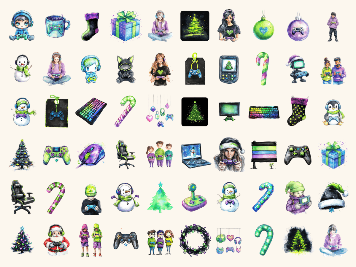 Gamer Christmas Watercolor Clipart All Bundles Clipart Line Art - WondersArtist