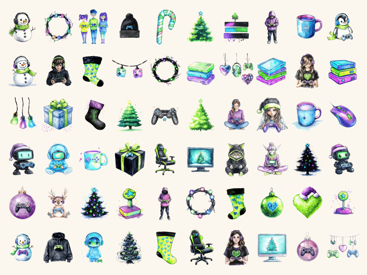 Gamer Christmas Watercolor Clipart All Bundles Clipart Line Art - WondersArtist