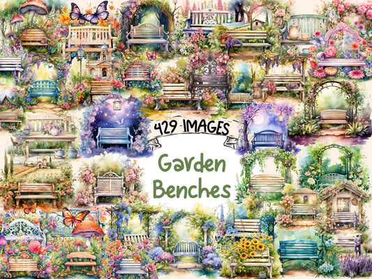 Garden Benches Watercolor Clipart - High - Quality Instant Digital Download for Creative Projects