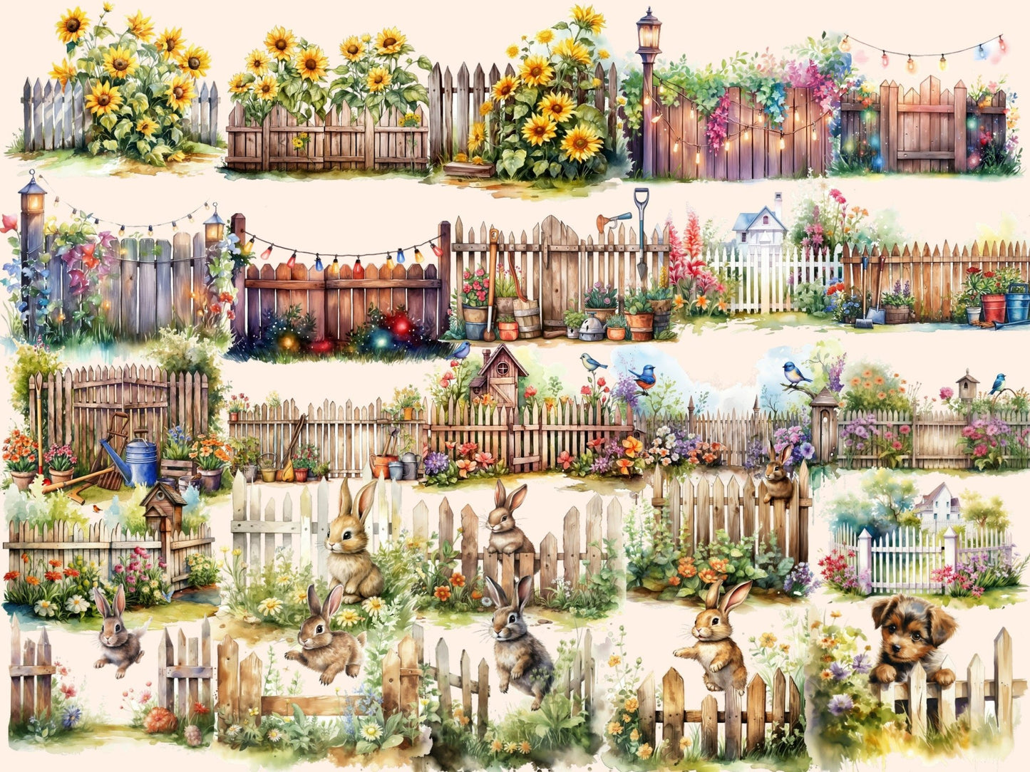 Garden Fences Watercolor Clipart - High - Quality Instant Digital Download for Creative Projects