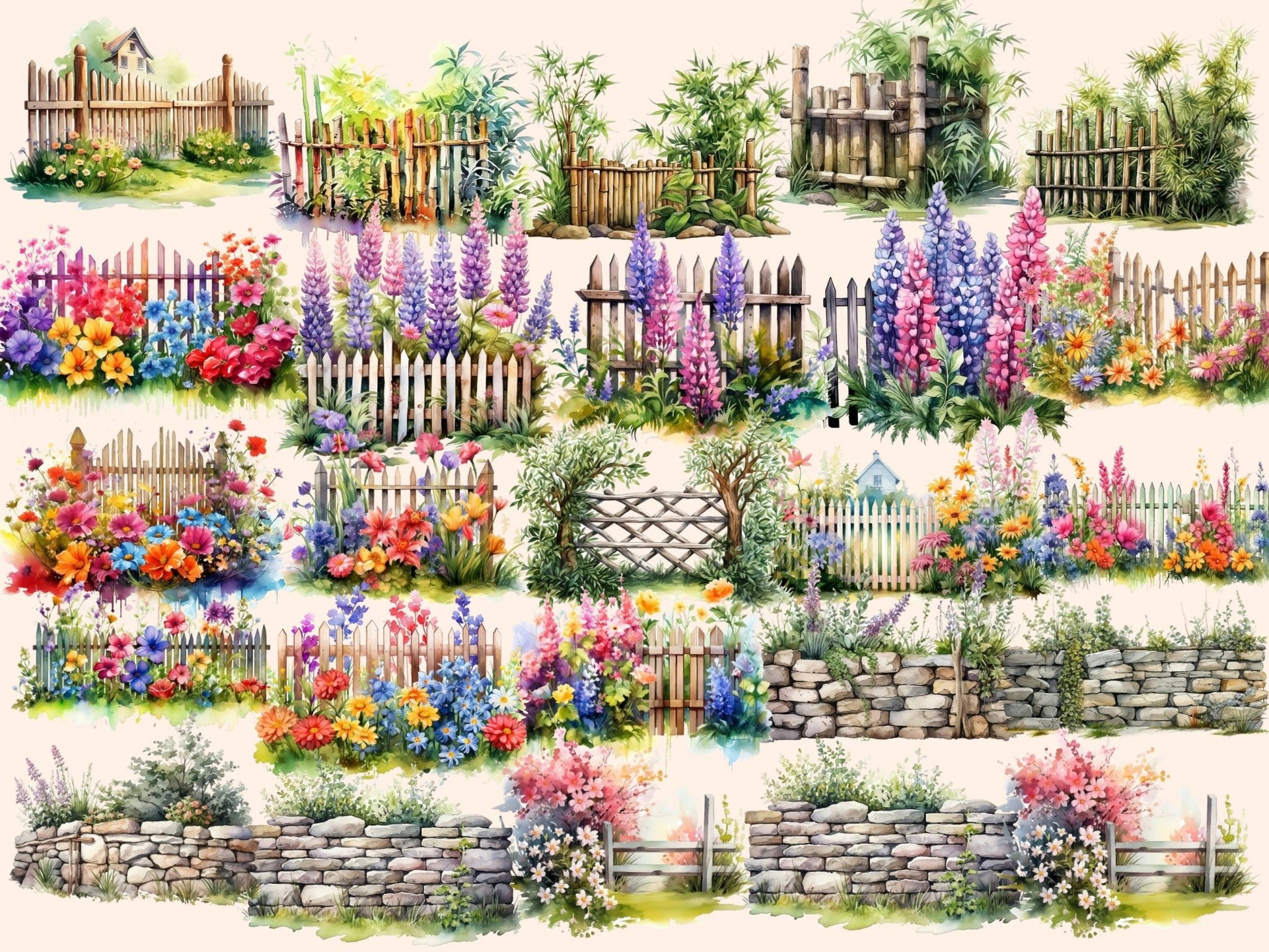 Garden Fences Watercolor Clipart - High - Quality Instant Digital Download for Creative Projects