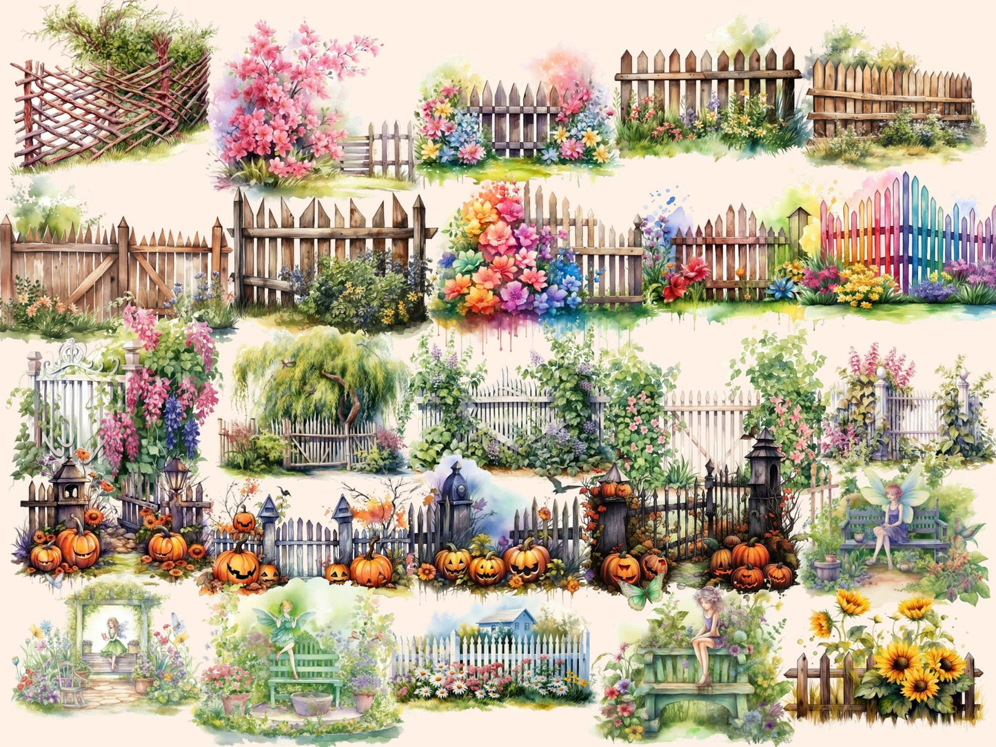 Garden Fences Watercolor Clipart - High - Quality Instant Digital Download for Creative Projects