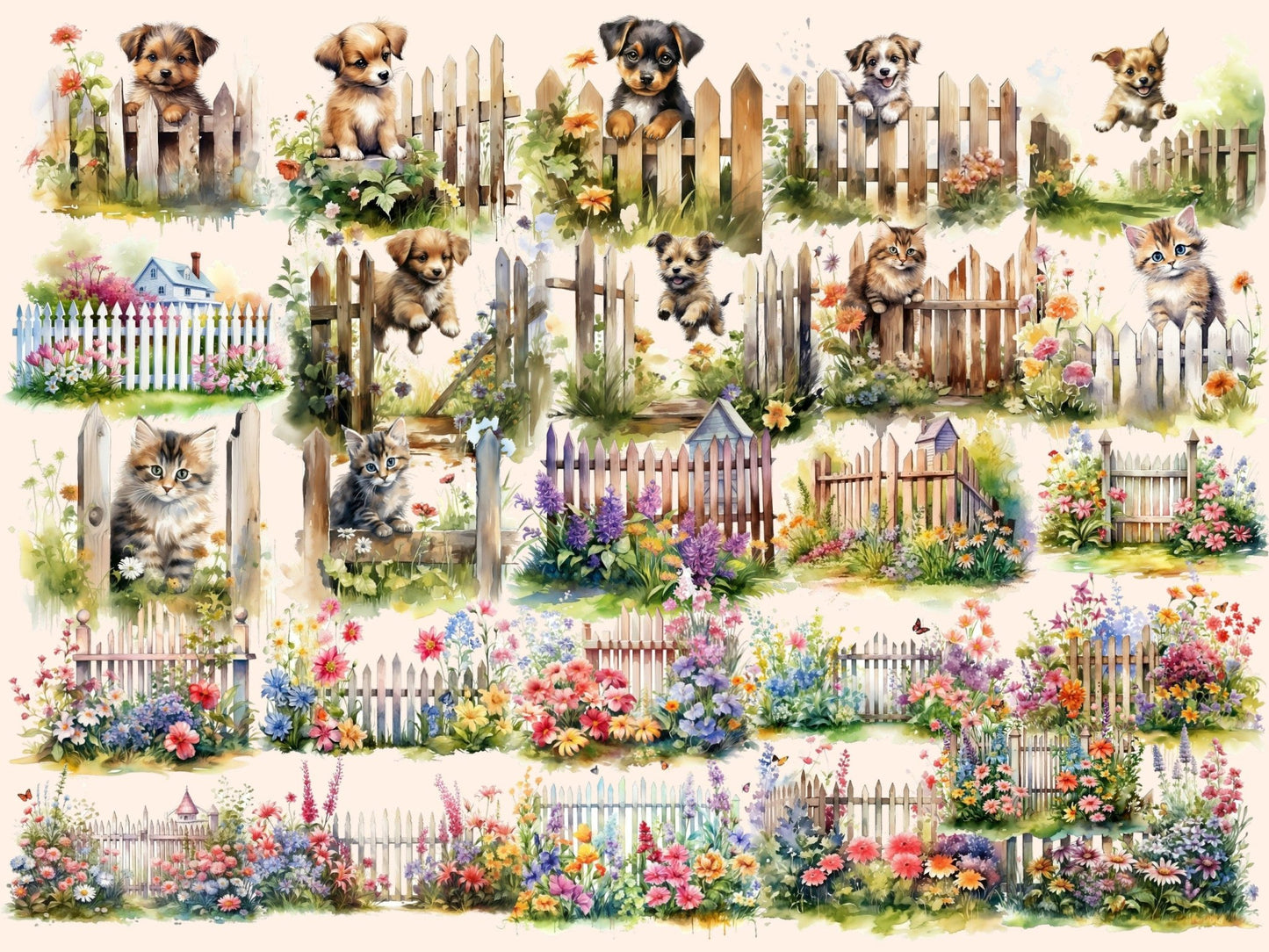 Garden Fences Watercolor Clipart - High - Quality Instant Digital Download for Creative Projects