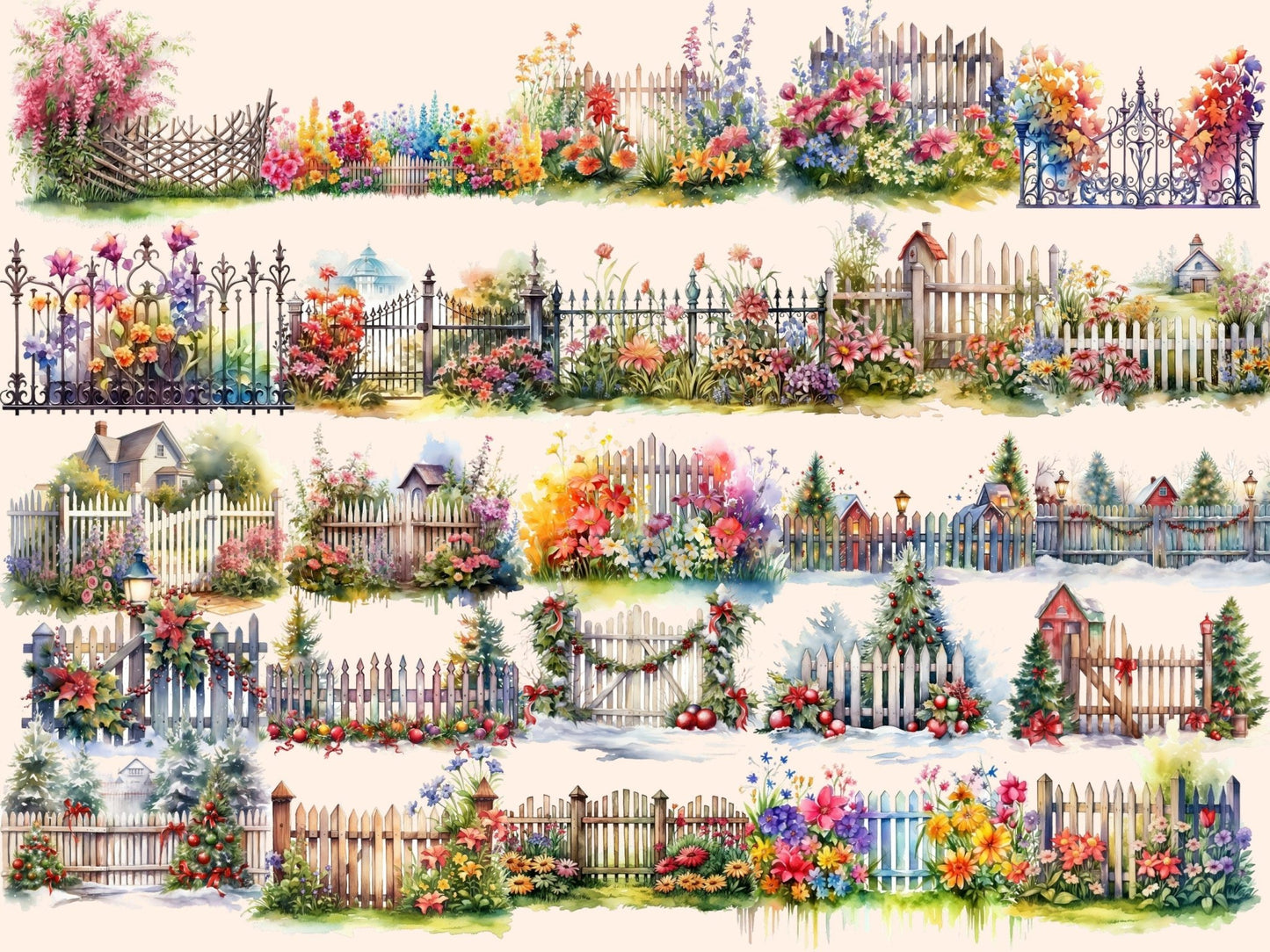 Garden Fences Watercolor Clipart - High - Quality Instant Digital Download for Creative Projects