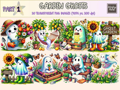 Garden Ghosts Clipart cozy spooky png cute ghost art floral ghost png - WondersArtist