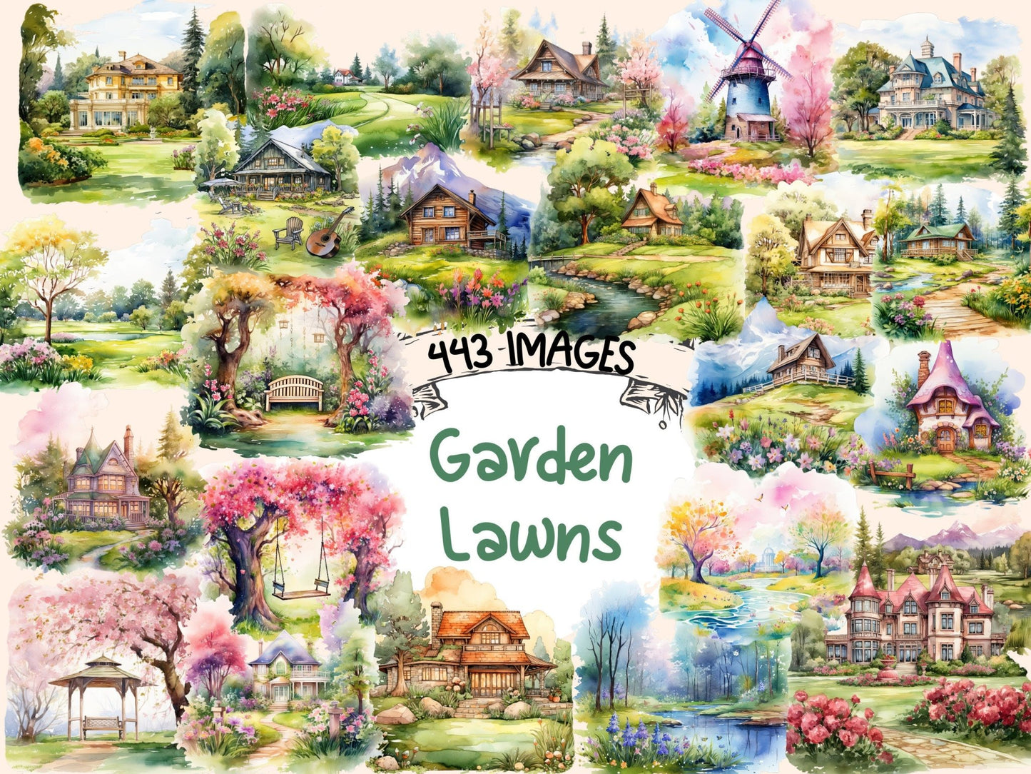 Garden Lawns Watercolor Clipart - High - Quality Instant Digital Download for Creative Projects