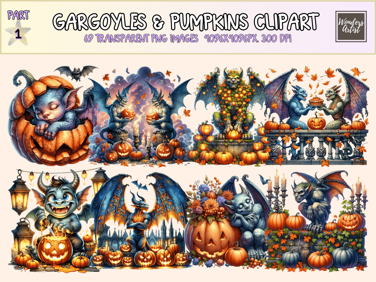 Gargoyles & Pumpkins Clipart All Bundles Clipart Line Art - WondersArtist