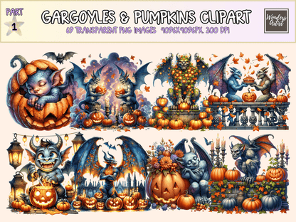 Gargoyles & Pumpkins Clipart All Bundles Clipart Line Art - WondersArtist