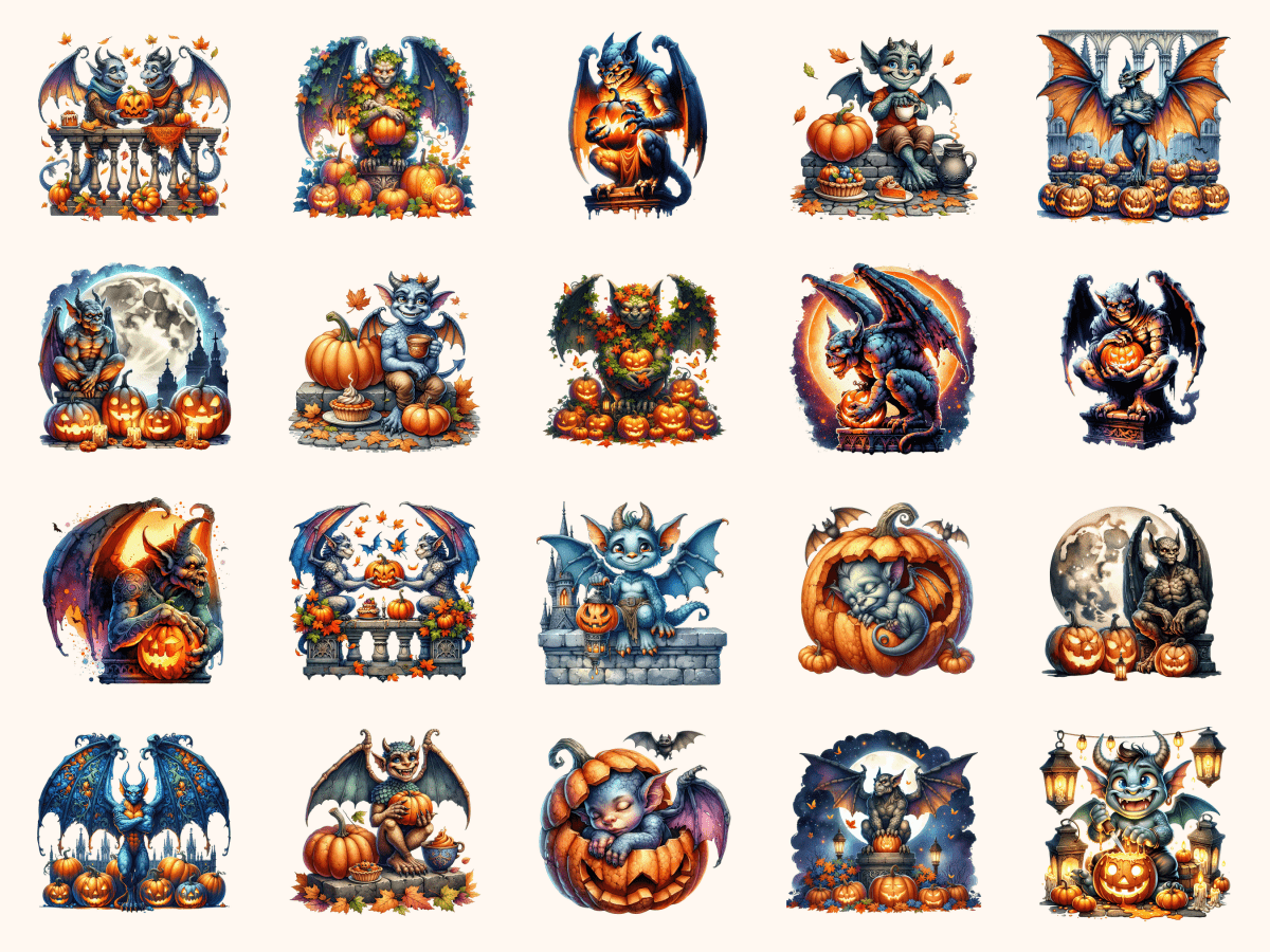 Gargoyles & Pumpkins Clipart All Bundles Clipart Line Art - WondersArtist