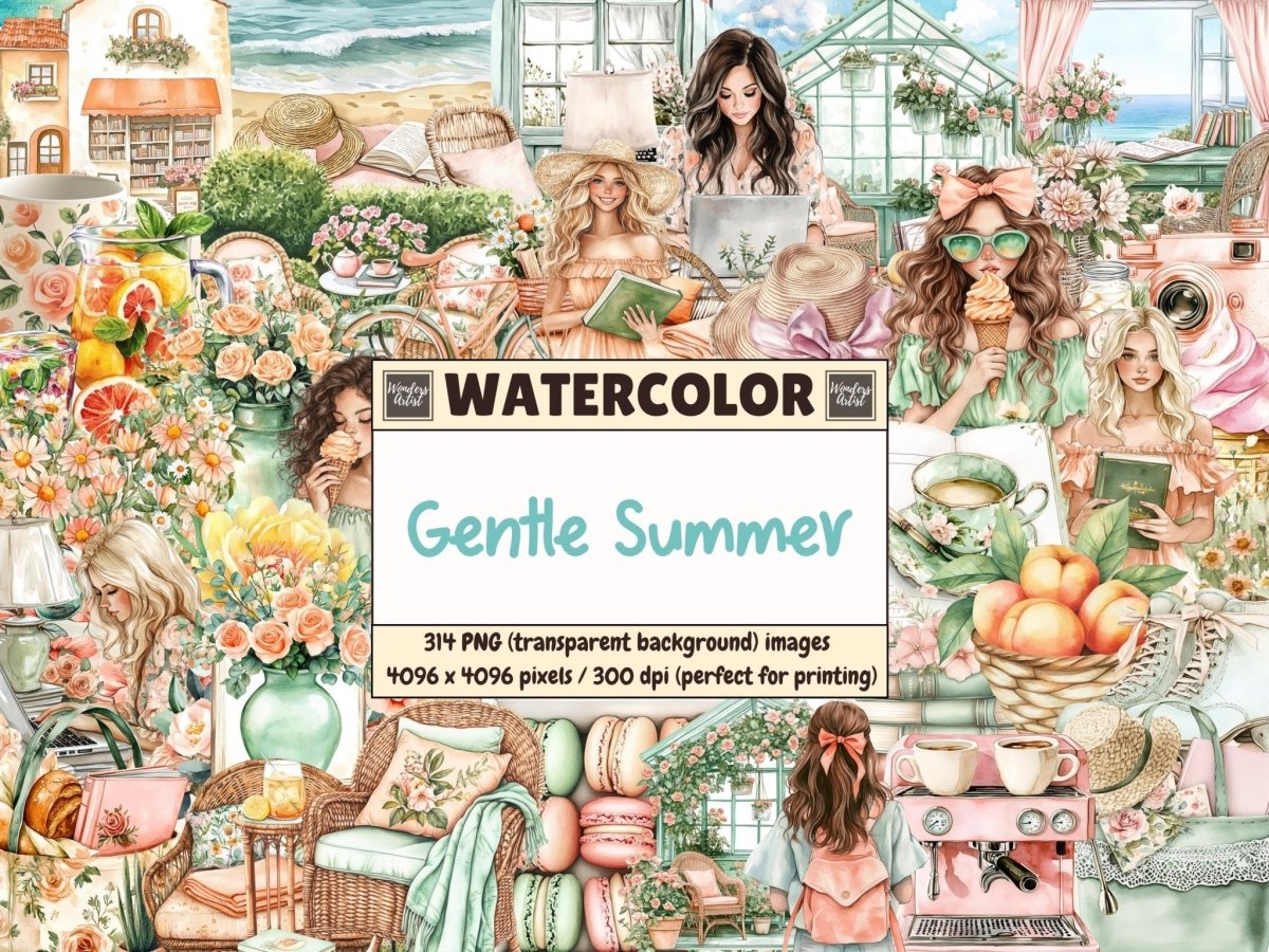 Gentle Summer Watercolor Clipart beach clipart floral clipart girl clipart - WondersArtist